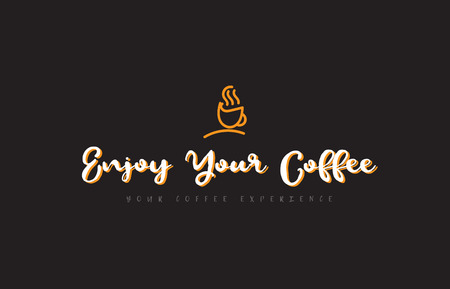 Enjoy your coffee word text on a black background with a coffee cup symbol suitable as a banner or postcard.のイラスト素材