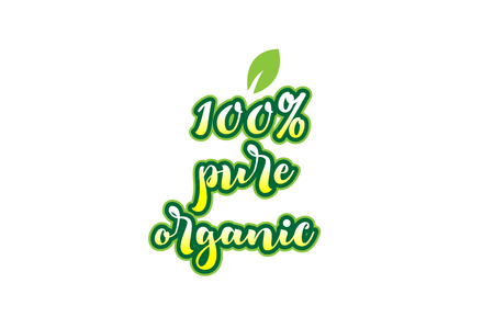 Calligraphy hand written green color 100% pure organic word text font  and beautiful typography design with green leafのイラスト素材