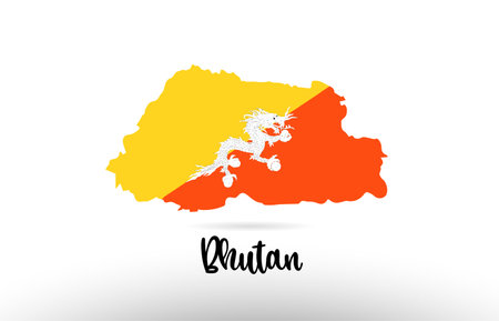 Bhutan country flag inside country border map design suitable for a logo icon designのイラスト素材