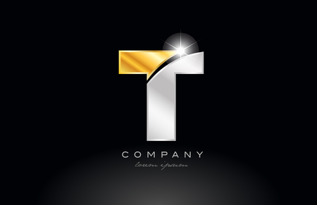 letter T alphabet logo icon design with gold silver grey metal on black background suitable for a company or businessのイラスト素材