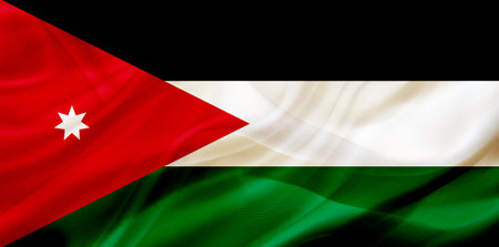 Jordan country flag symbol on silk or silky waving texture. Smooth fabric or material