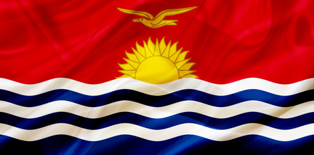Kiribati country flag symbol on silk or silky waving texture. Smooth fabric or material