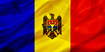 Moldova country flag symbol on silk or silky waving texture. Smooth fabric or material