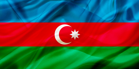 Azerbaijan country flag symbol on silk or silky waving texture. Smooth fabric or materialの写真素材