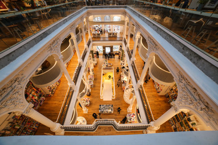 Bucharest, Romania - January 1, 2020: Inside view of the beautiful Carturesti Public Library shot on a ultra wide angle on Lipscani street, Old Center, Bucharest Romaniaのeditorial素材