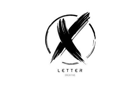 handwritten grunge X brush stroke letter alphabet icon design template with circle in black and white for business. Suitable for a company designのイラスト素材