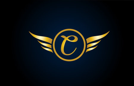gold golden C wing wings alphabet letter logo icon with classy design for company and business. Suitable for stylish logotypeのイラスト素材