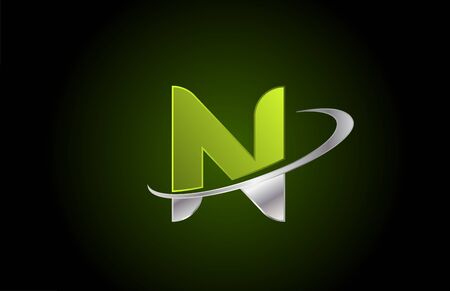 N green metallic alphabet letter logo icon for business and company with grey swoosh designのイラスト素材