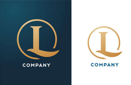 L alphabet letter logo icon in gold and blue color. Simple and creative golden circle design for business and companyのイラスト素材