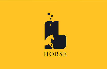 L yellow black horse alphabet letter logo icon with stallion shape inside. Creative design for company and businessのイラスト素材