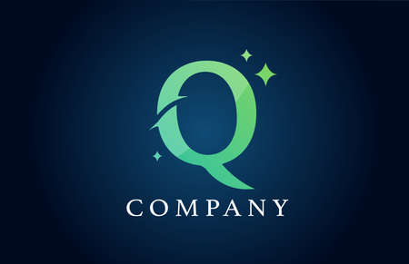 Q blue green gradient alphabet letter logo for business. Creative corporate identity and lettering. Company branding design with starsのイラスト素材