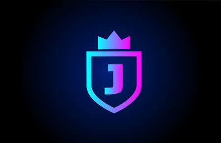 royal J alphabet letter logo icon for business. Company design with king crown and shield in gradient color for corporate identityのイラスト素材