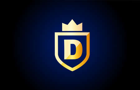 gold D alphabet letter logo icon. Design for company and business identity with shield and king crownのイラスト素材