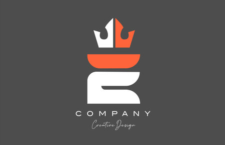 orange grey white E alphabet letter logo icon design. Creative king crown template for business and companyのイラスト素材