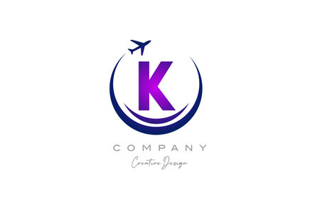 K alphabet letter logo with plane for a travel or booking agency in purple. Corporate creative template design for business and companyのイラスト素材