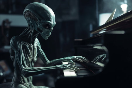 An ugly and scary looking extraterrestrial alien being playing the piano. Ai generatedの素材