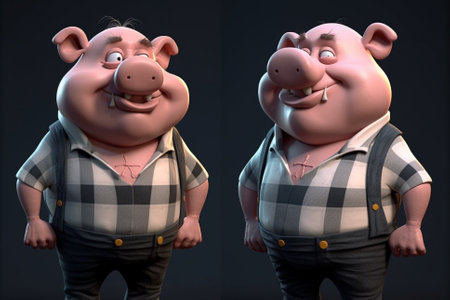 A hilarious and charming 3D cartoon character featuring a cute little farm pig, designed to make you smile and laugh with its playful and quirky personality. Ai generatedの素材