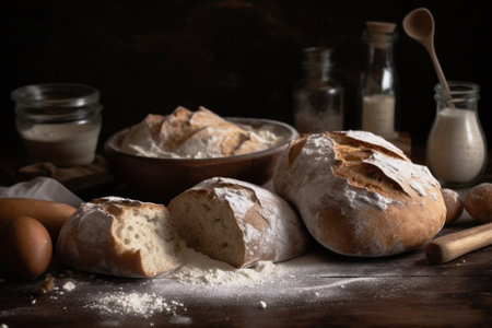 An appetizing display of bread and flour for product photography arrangement with high quality composition and lighting. Ai generatedの素材