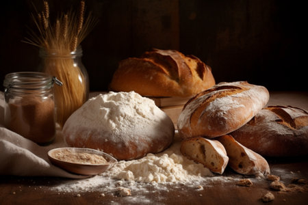 An appetizing display of bread and flour for product photography arrangement with high quality composition and lighting. Ai generatedの素材