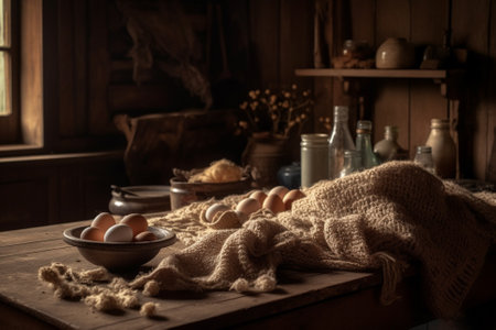 A captivating product photography arrangement showcasing the beauty and simplicity of raw eggs, captured using natural lighting for a stunning effect. Ai generatedの素材