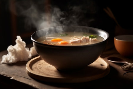 Product photography featuring a hot and delicious chicken soup, captured with natural lighting that accentuates its warmth and tastiness. Ai generatedの素材