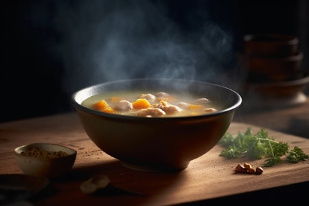 Product photography featuring a hot and delicious chicken soup, captured with natural lighting that accentuates its warmth and tastiness. Ai generatedの素材