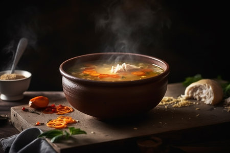 Product photography featuring a hot and delicious chicken soup, captured with natural lighting that accentuates its warmth and tastiness. Ai generatedの素材