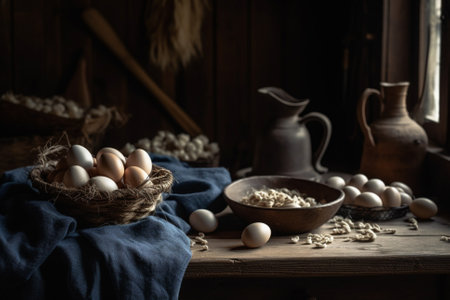 A captivating product photography arrangement showcasing the beauty and simplicity of raw eggs, captured using natural lighting for a stunning effect. Ai generatedの素材