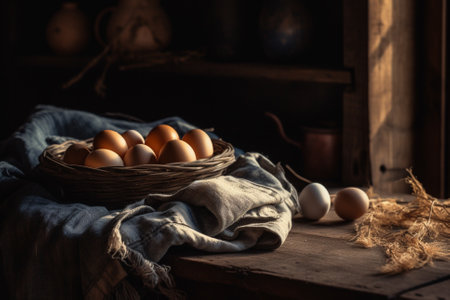 A captivating product photography arrangement showcasing the beauty and simplicity of raw eggs, captured using natural lighting for a stunning effect. Ai generatedの素材