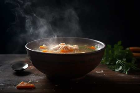 Product photography featuring a hot and delicious chicken soup, captured with natural lighting that accentuates its warmth and tastiness. Ai generatedの素材