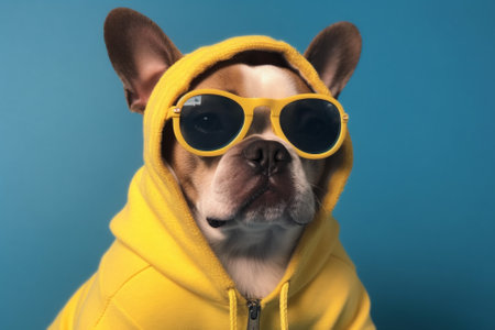 A hilarious and adorable portrait of a dog wearing a yellow hoodie and sunglasses, exuding a cool and playful attitude, captured against a vivid blue background. Ai generatedの素材