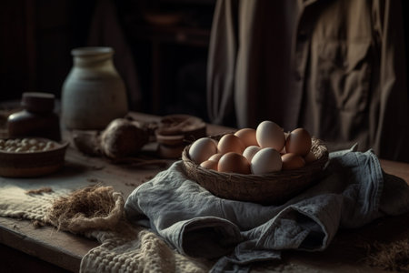 A captivating product photography arrangement showcasing the beauty and simplicity of raw eggs, captured using natural lighting for a stunning effect. Ai generatedの素材