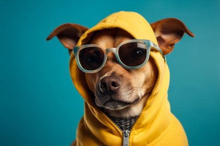 A hilarious and adorable portrait of a dog wearing a yellow hoodie and sunglasses, exuding a cool and playful attitude, captured against a vivid blue background. Ai generatedの素材