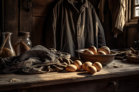 A captivating product photography arrangement showcasing the beauty and simplicity of raw eggs, captured using natural lighting for a stunning effect. Ai generatedの素材