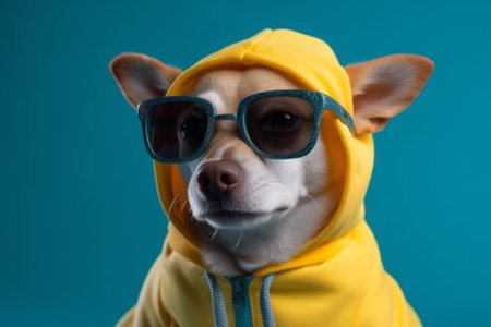 A hilarious and adorable portrait of a dog wearing a yellow hoodie and sunglasses, exuding a cool and playful attitude, captured against a vivid blue background. Ai generatedの素材