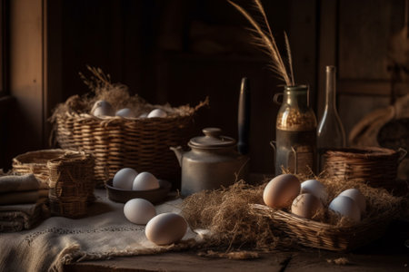 A captivating product photography arrangement showcasing the beauty and simplicity of raw eggs, captured using natural lighting for a stunning effect. Ai generatedの素材