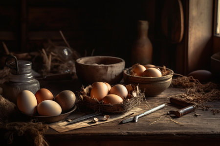 A captivating product photography arrangement showcasing the beauty and simplicity of raw eggs, captured using natural lighting for a stunning effect. Ai generatedの素材