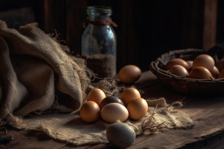 A captivating product photography arrangement showcasing the beauty and simplicity of raw eggs, captured using natural lighting for a stunning effect. Ai generatedの素材