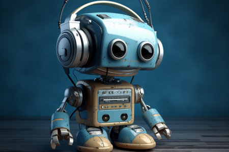 A glimpse into the future of technology, as a compact robot with advanced artificial intelligence capabilities enjoys music through its headphones. Ai generatedの素材