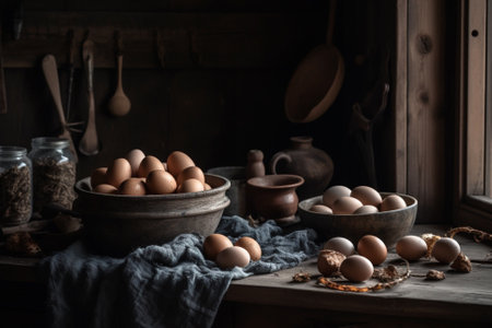 A captivating product photography arrangement showcasing the beauty and simplicity of raw eggs, captured using natural lighting for a stunning effect. Ai generatedの素材
