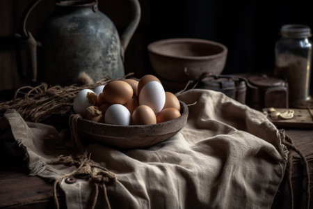 A captivating product photography arrangement showcasing the beauty and simplicity of raw eggs, captured using natural lighting for a stunning effect. Ai generatedの素材