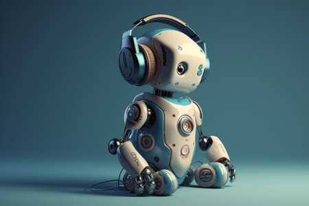 A glimpse into the future of technology, as a compact robot with advanced artificial intelligence capabilities enjoys music through its headphones. Ai generatedの素材