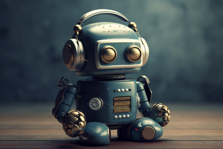 A glimpse into the future of technology, as a compact robot with advanced artificial intelligence capabilities enjoys music through its headphones. Ai generatedの素材