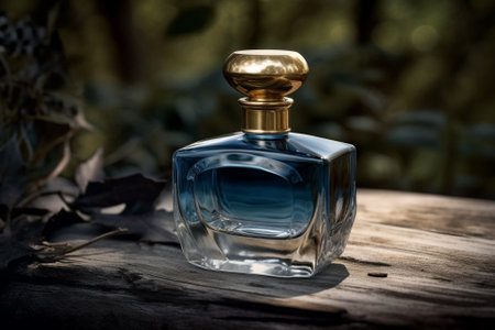 A stylish product photography featuring a bottle of blue perfume placed on a wooden surface amidst a beautiful outdoor setting. Ai generatedの素材
