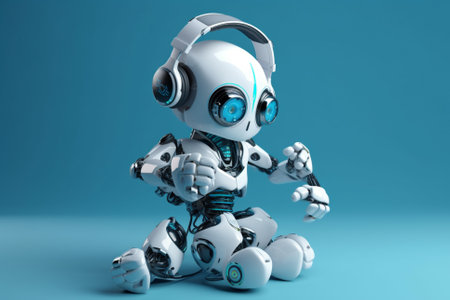A glimpse into the future of technology, as a compact robot with advanced artificial intelligence capabilities enjoys music through its headphones. Ai generatedの素材