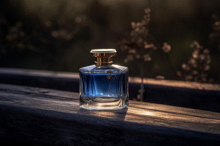 A stylish product photography featuring a bottle of blue perfume placed on a wooden surface amidst a beautiful outdoor setting. Ai generatedの素材