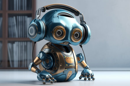 A glimpse into the future of technology, as a compact robot with advanced artificial intelligence capabilities enjoys music through its headphones. Ai generatedの素材