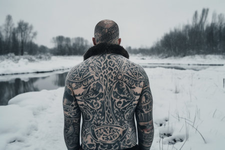 A striking image of a man with Icelandic heritage, displaying his intricate tattoos while braving the frigid winter climate. Ai generatedの素材