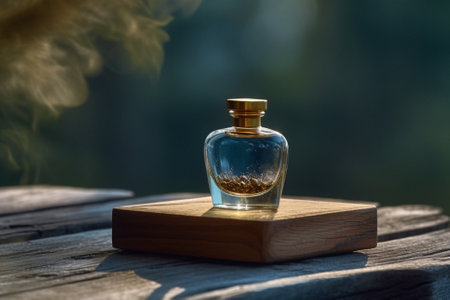 A stylish product photography featuring a bottle of blue perfume placed on a wooden surface amidst a beautiful outdoor setting. Ai generatedの素材