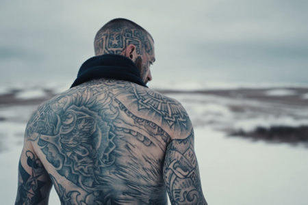 A striking image of a man with Icelandic heritage, displaying his intricate tattoos while braving the frigid winter climate. Ai generatedの素材